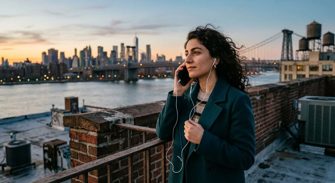 Farsi therapy session in New York: Iranian-American woman on a call with her therapist against the Manhattan skyline