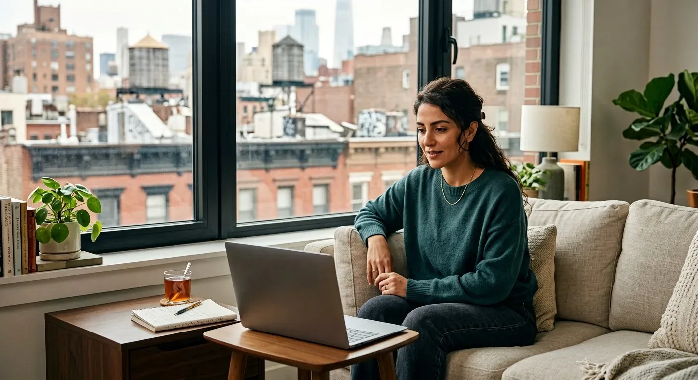 Online therapy for Iranians in New York: a Persian-speaking woman in a Manhattan apartment on a video session with an online psychologist