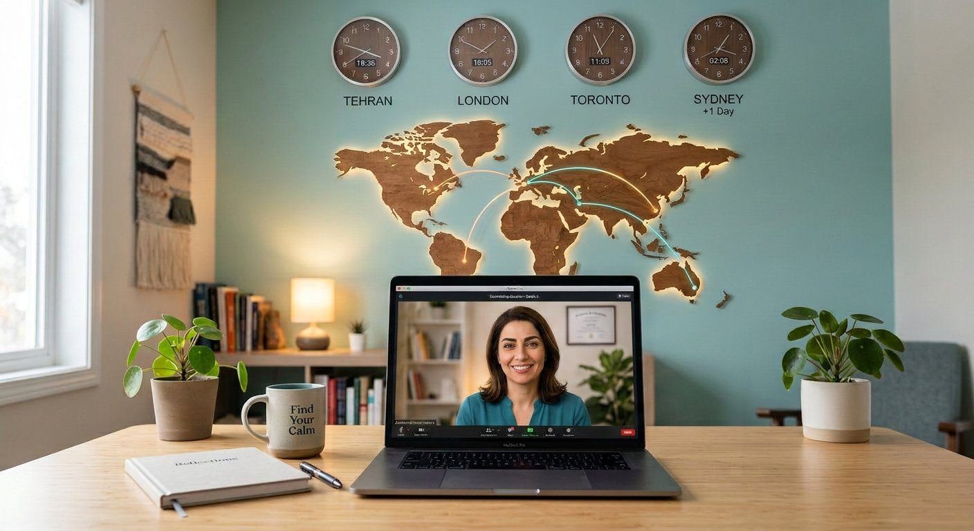 Online counseling sessions scheduled around your time zone — from Tehran to London, Toronto and Sydney