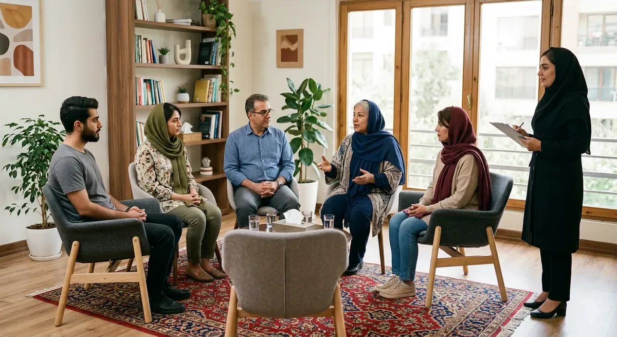 جلسه گروه‌درمانی افسردگی با حضور درمانگر و اعضای گروه